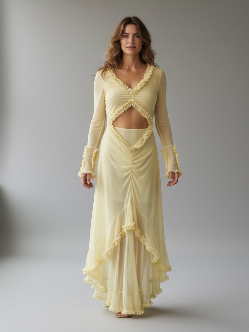 Yellow High-Low Ruffle Trim Maxi Dress